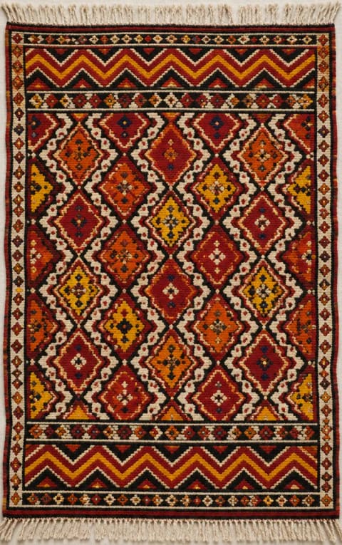 Illustration d'un tapis de style Aït Ouaouzguite : réseau de losanges garance, safran et henné, bandes de chevrons, franges en laine écrue.